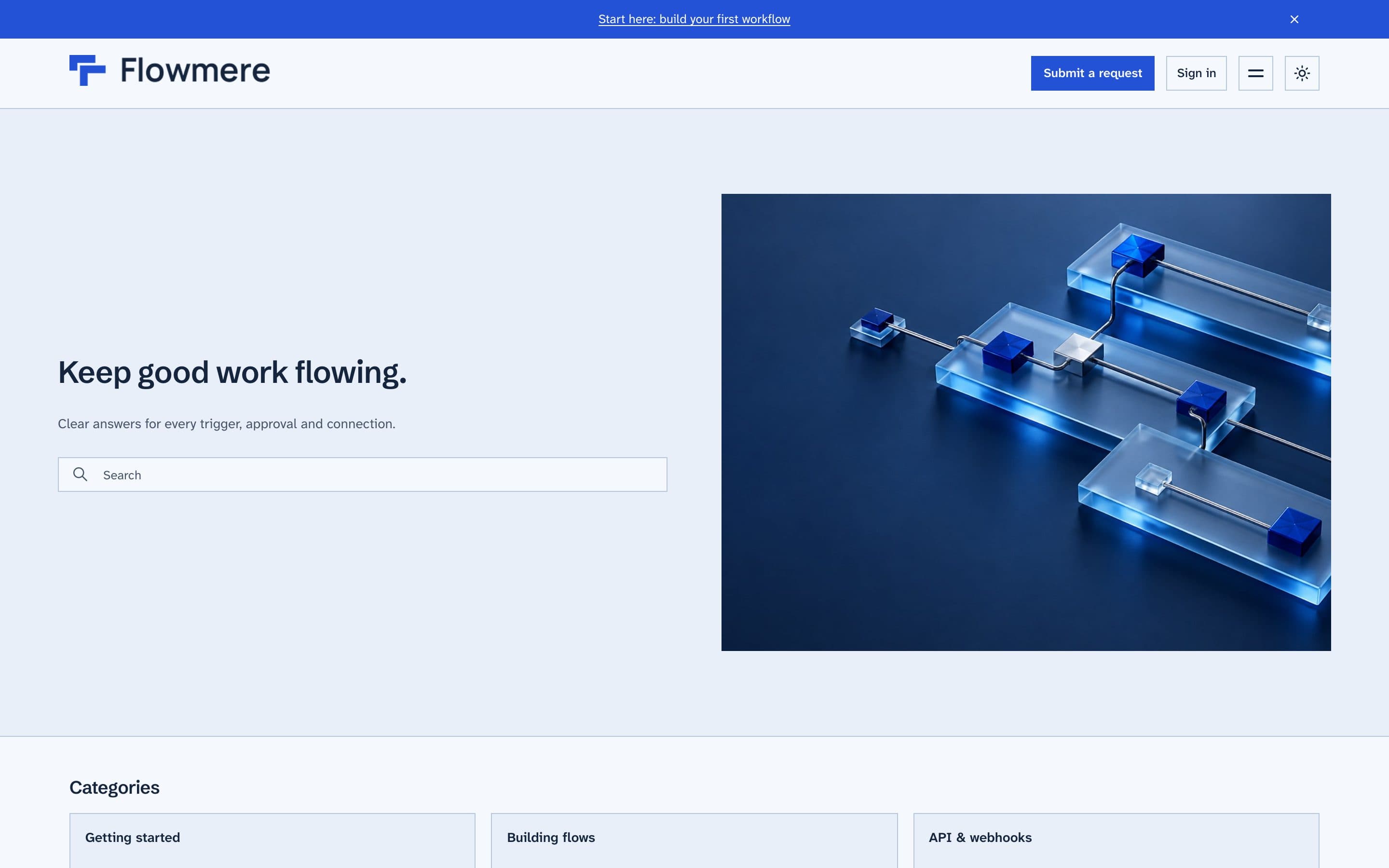 Flowmere Help Center home page, light mode