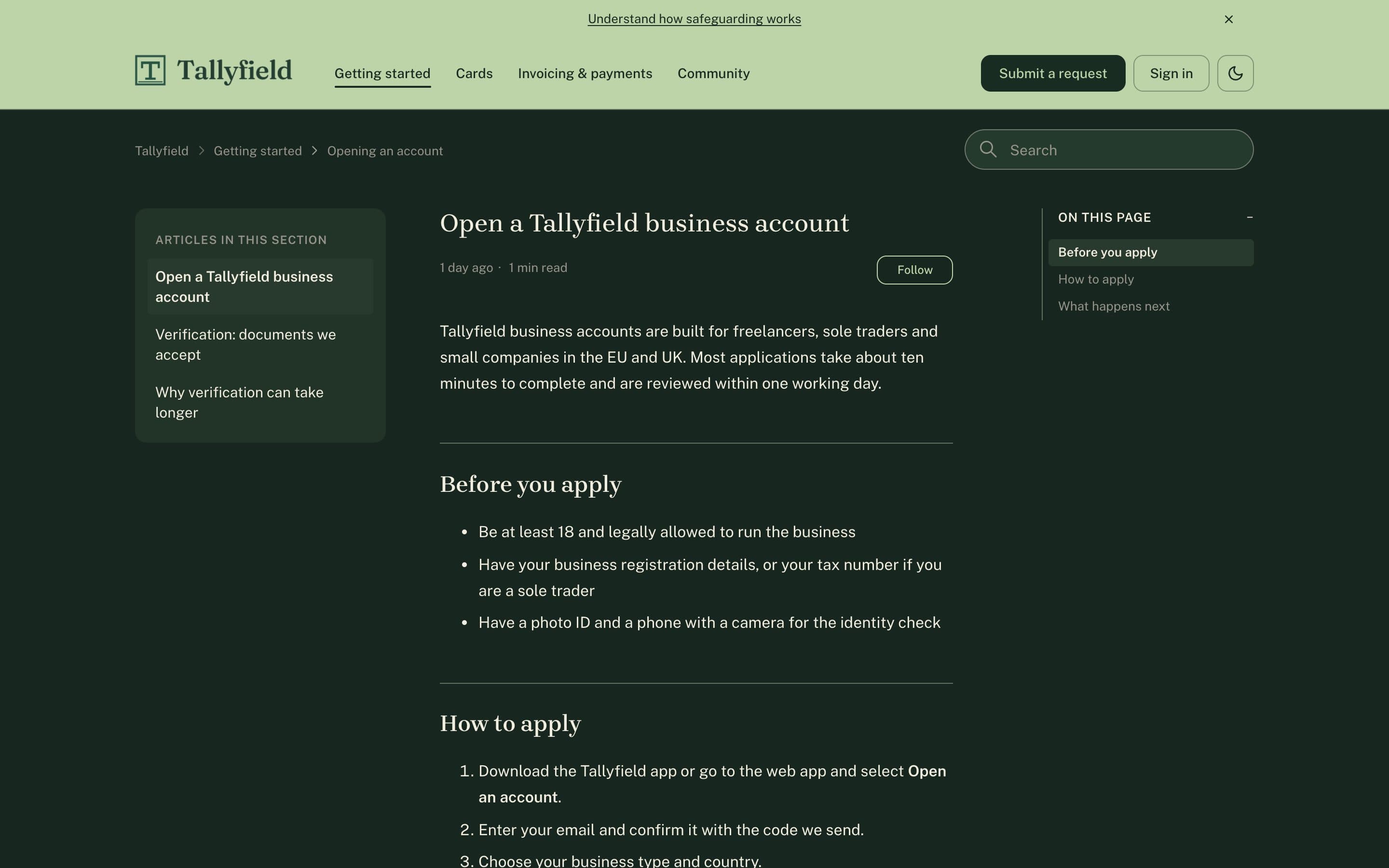 Tallyfield article page in dark mode
