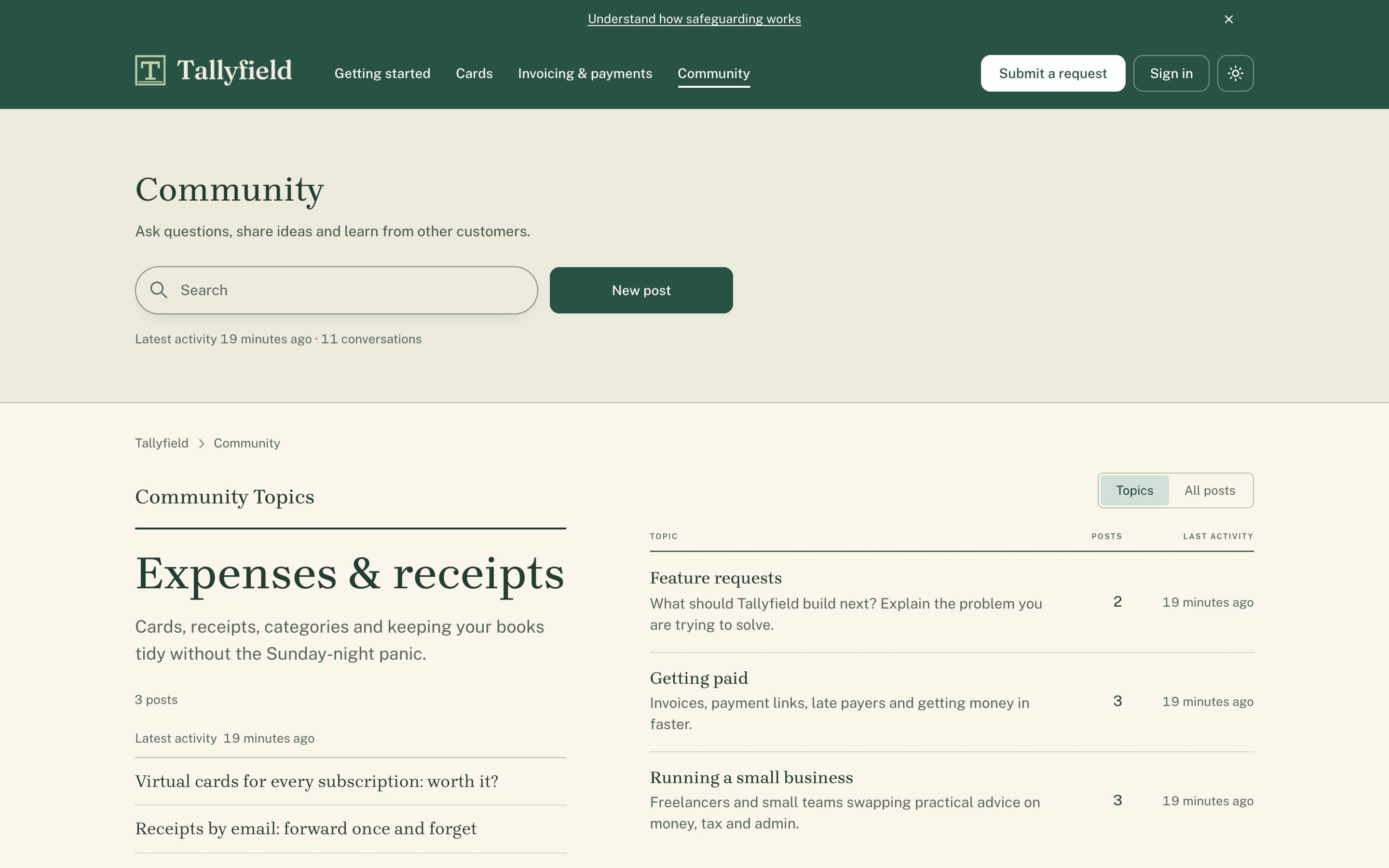 Tallyfield community page, Ledger layout
